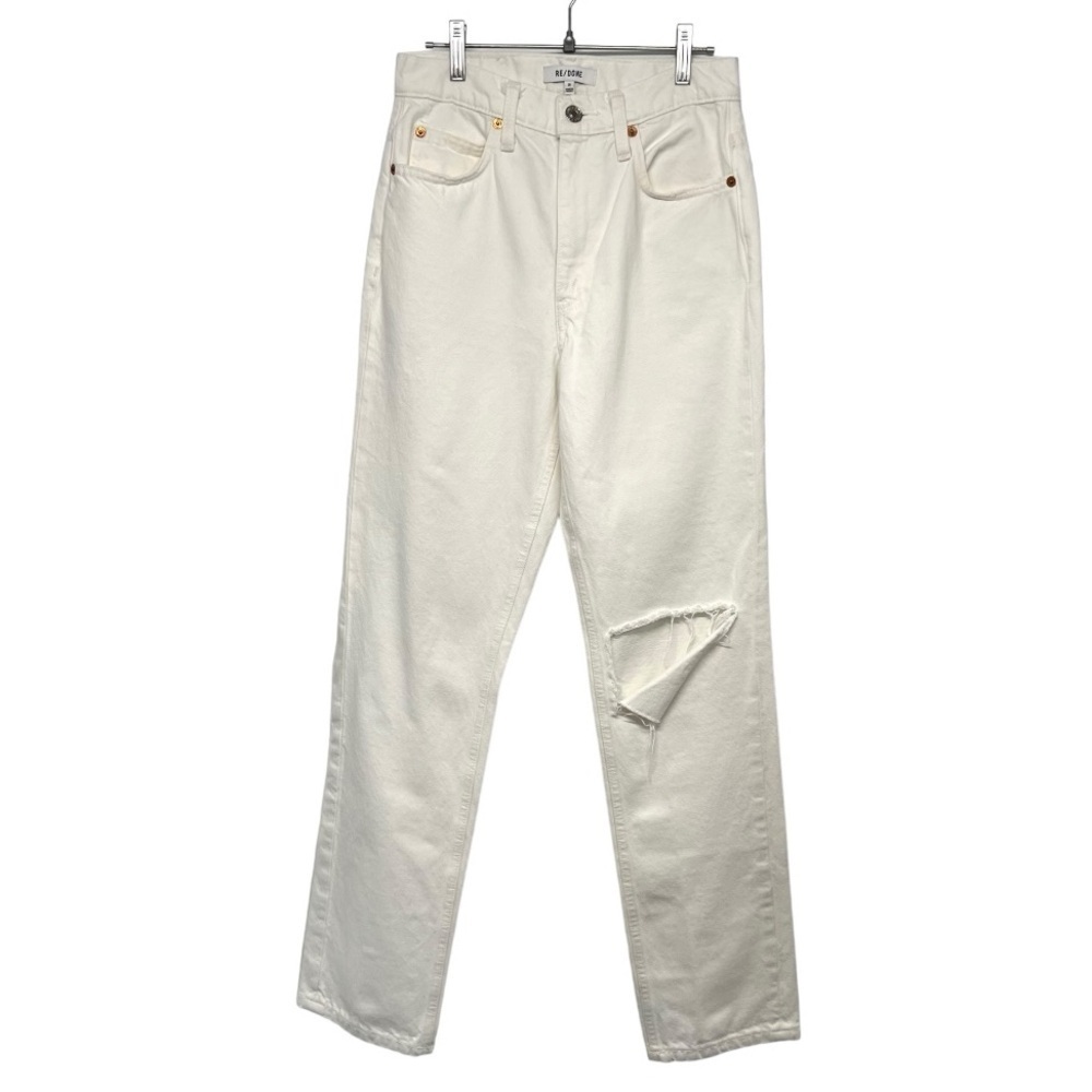 Re-Done White Pipe High Waist Distressed Straight Leg Denim Jeans Womens 26 - Picture 6 of 14